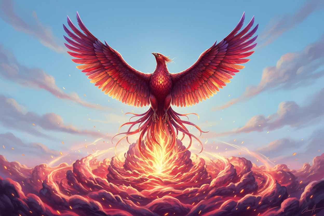 phoenix rising from pink, purple, red, and orange ashes into a light blue sky
